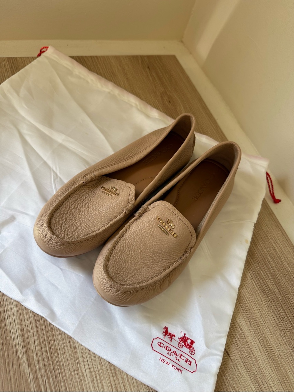 Coach Pebbled Leather Tan Driving Loafers with Gold Logo